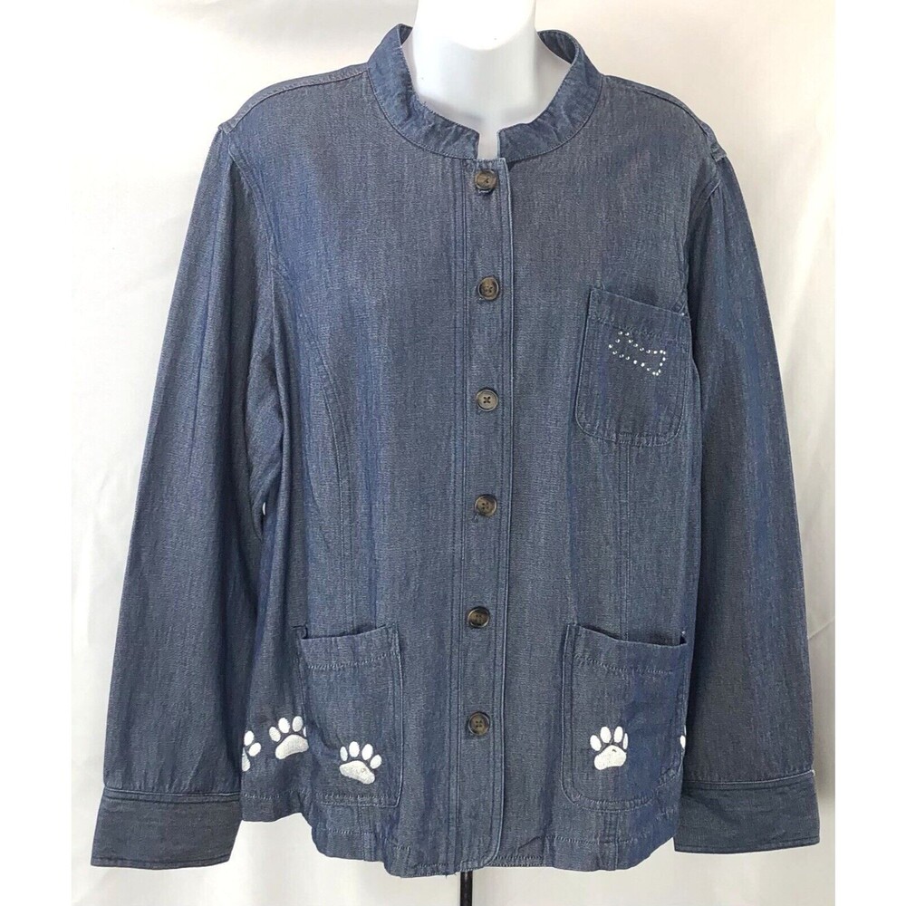 Croft Barrow Lt Jacket XL Chambray Denim Pockets Embroidery Dog Mom Puppy Paws